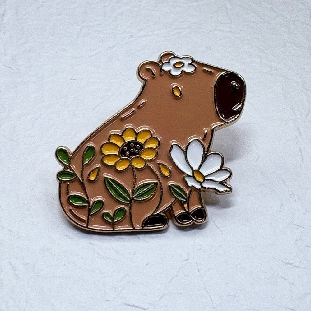 Women’s Jewelry Fun Cute Cartoon Brown Capybara with Floral Design Enamel Pin